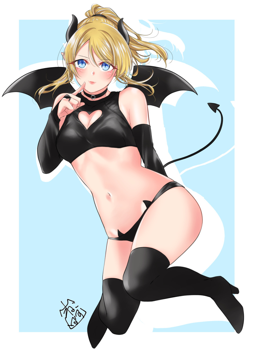 1girl akira_miku_ver arm_behind_back ayase_eli black_footwear black_pants black_scrunchie black_sleeves black_wings blonde_hair blue_background blue_eyes blush boots choker cleavage_cutout crop_top demon_wings detached_sleeves eyebrows_visible_through_hair floating_hair full_body groin hair_between_eyes hair_ornament hair_scrunchie high_ponytail highres horns long_hair long_sleeves love_live! love_live!_school_idol_project midriff navel pants parted_lips pointy_ears scrunchie shadow sidelocks slit_pupils smile solo stomach thigh-highs thigh_boots two-tone_background white_background wings