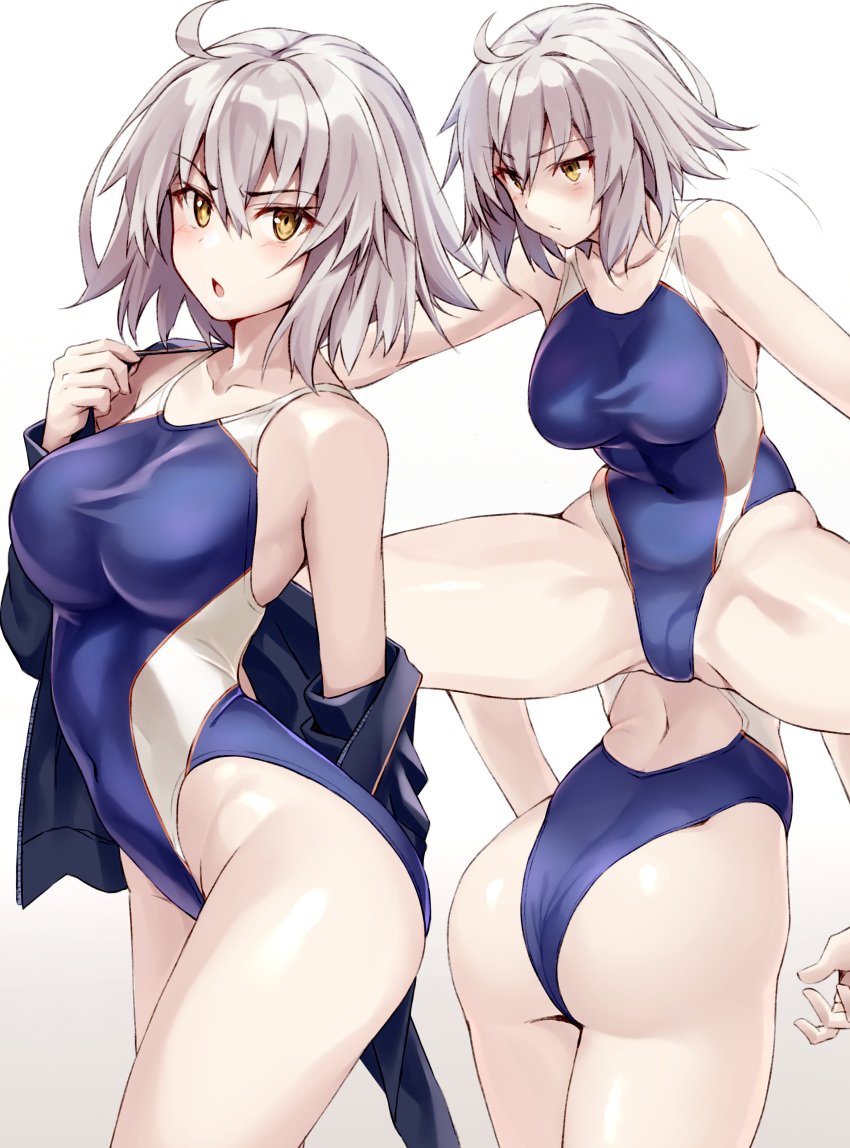 1girl absurdres ahoge ass bangs bare_shoulders black_jacket blue_swimsuit blush breasts collarbone competition_swimsuit covered_navel fate/grand_order fate_(series) hair_between_eyes highres impossible_clothes impossible_swimsuit jacket jeanne_d'arc_(alter)_(fate) jeanne_d'arc_(fate)_(all) large_breasts multiple_views off_shoulder one-piece_swimsuit open_mouth short_hair shunichi silver_hair simple_background split squatting swimsuit thighs white_background yellow_eyes