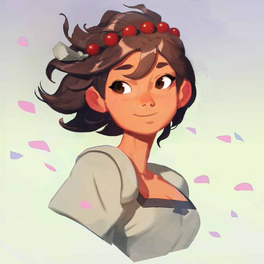 1girl absurdres ajna_(indivisible) beads brown_eyes brown_hair closed_mouth commentary cropped_torso dark_skin english_commentary hair_ornament highres indivisible jewelry looking_at_viewer petals portrait samuelyounart shirt short_hair smile solo white_shirt wind