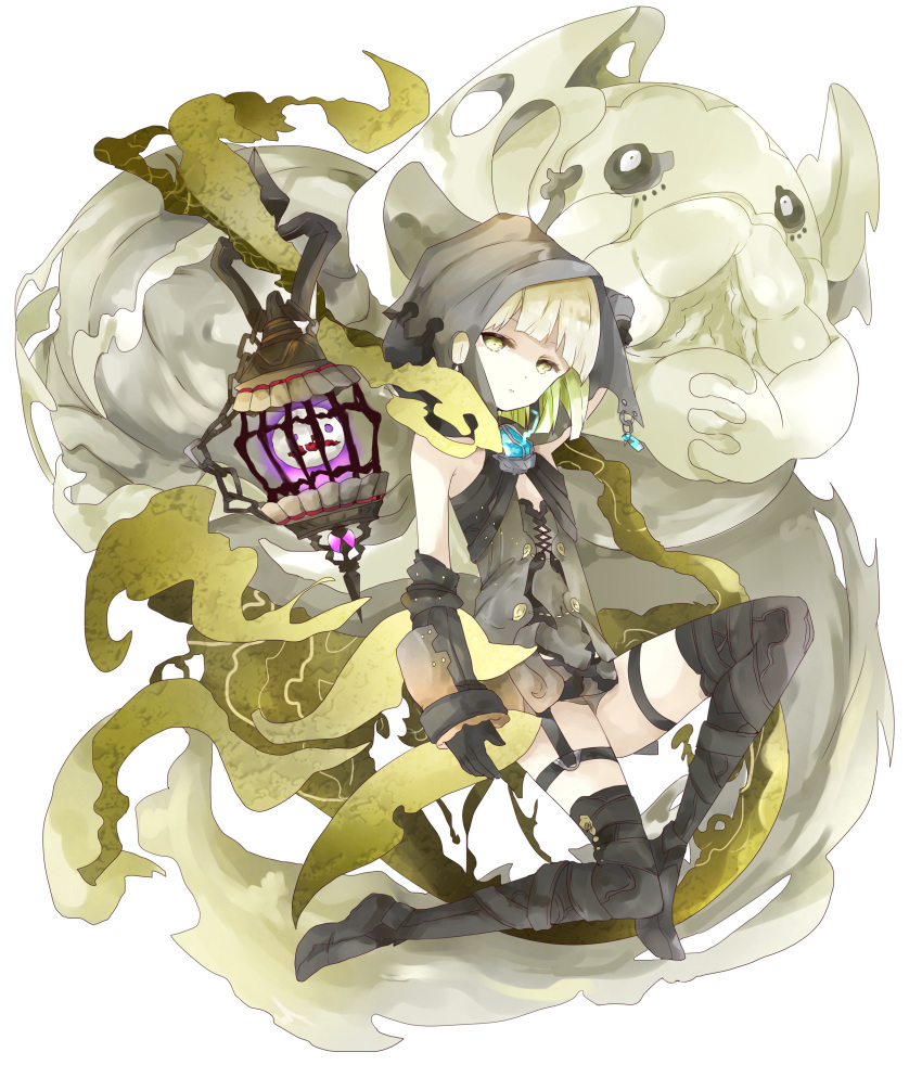 1girl absurdres bangs bare_shoulders black_footwear black_gloves black_legwear boots closed_mouth commentary_request eyebrows_visible_through_hair gloves green_eyes green_hair gretel_(sinoalice) hands_clasped hansel_(sinoalice) highres hood hood_up interlocked_fingers lantern light_brown_hair looking_at_viewer multicolored_hair own_hands_together simple_background sinoalice solo thigh-highs thigh_boots tsukiyo_(skymint) two-tone_hair white_background