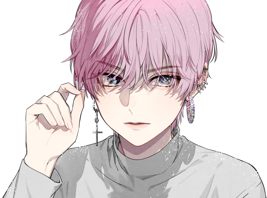 1boy androgynous bishounen cross cross_earrings earrings face highres hoop_earrings jewelry kazari_tayu looking_at_viewer male_focus original piercing pink_hair sanpaku short_hair upper_body white_background