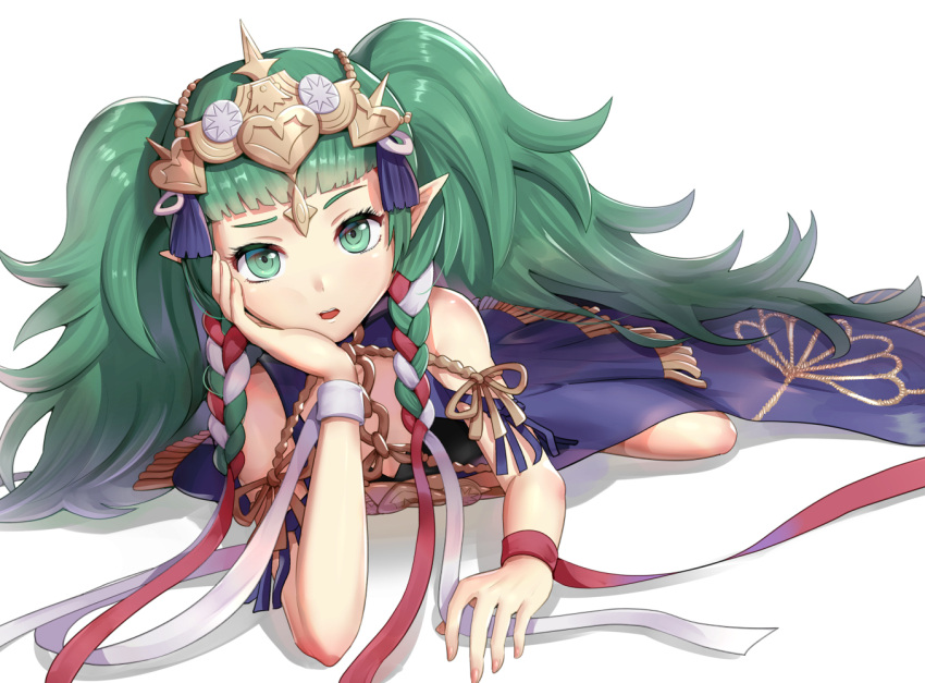 1girl bangs blunt_bangs fire_emblem fire_emblem:_three_houses flat_chest green_eyes green_hair hair_ornament head_rest long_hair lying on_stomach pointy_ears red_ribbon ribbon simple_background solo sothis_(fire_emblem) very_long_hair white_background wrist_ribbon wristband