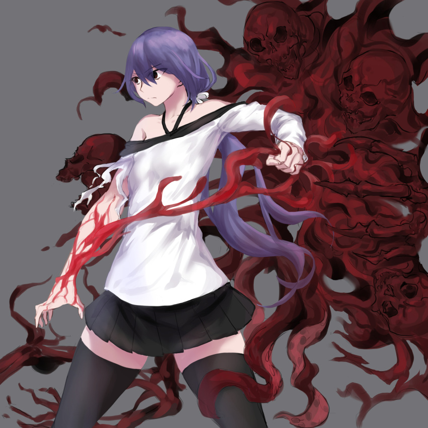 1girl bare_shoulders black_eyes black_legwear black_skirt blood eyebrows_visible_through_hair eyes_visible_through_hair grey_background highres holding injury long_hair original pulling purple_hair simple_background skeleton skirt skull solo thigh-highs tied_hair yeklsa