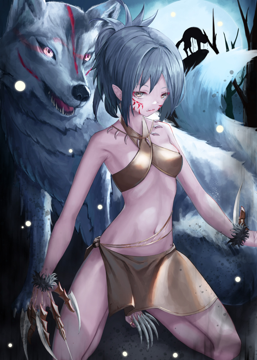 1girl barefoot blue_hair bra breasts brown_bra closed_mouth criss-cross_halter facial_mark halterneck highres kneeling looking_at_viewer medium_hair navel nekobell original pointy_ears sarong shiny shiny_hair small_breasts solo tied_hair underwear wolf wrist_cuffs yellow_eyes