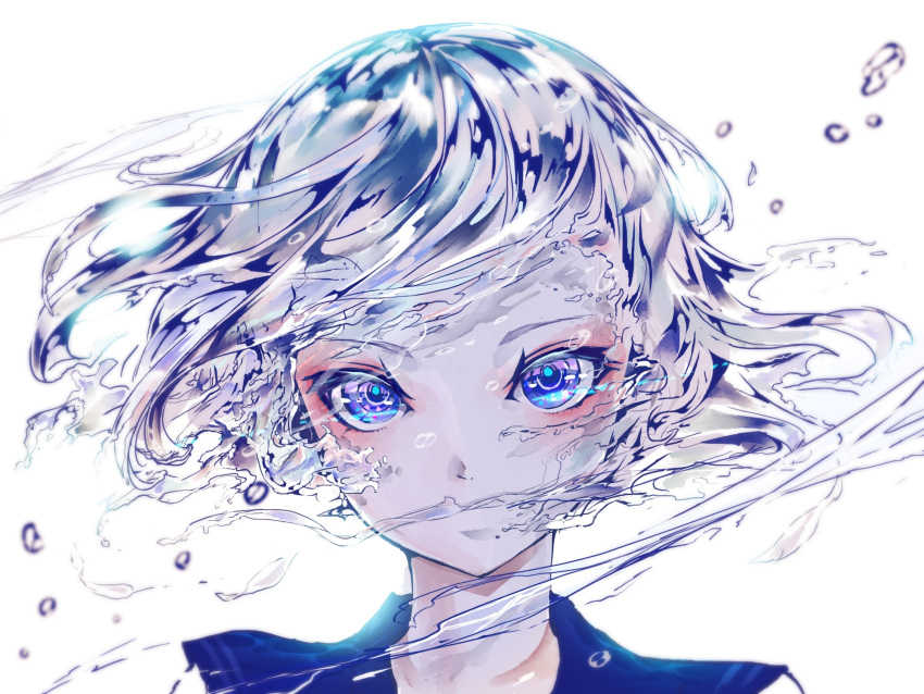 1girl blue_eyes face highres lips looking_at_viewer original portrait sanamisa short_hair simple_background solo water water_drop white_background