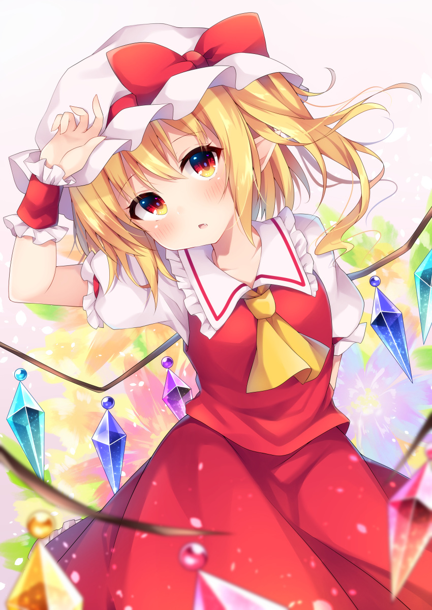 1girl absurdres arm_behind_back arm_up ascot bangs blonde_hair blush bow commentary_request cowboy_shot crystal eyebrows_visible_through_hair fang flandre_scarlet frilled_shirt_collar frills hair_between_eyes hat hat_bow highres long_hair looking_at_viewer miy@ mob_cap one_side_up parted_lips pink_background pointy_ears puffy_short_sleeves puffy_sleeves red_bow red_eyes red_skirt red_vest shirt short_sleeves sidelocks skirt skirt_set solo touhou vest white_headwear white_shirt wings wrist_cuffs yellow_neckwear