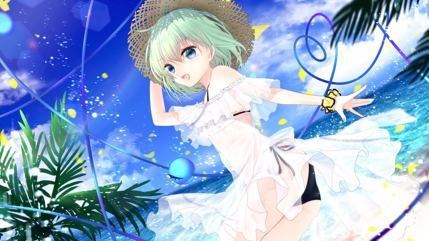 1girl :d arm_up ass bangs bare_shoulders bikini bikini_under_clothes black_bikini blue_eyes blue_sky breasts chikawa_shibainu clouds cowboy_shot day dress eyebrows_visible_through_hair green_hair hair_between_eyes hand_on_headwear hat heart heart_of_string highres komeiji_koishi lens_flare light_particles looking_at_viewer ocean off-shoulder_dress off_shoulder open_mouth outdoors palm_tree petals scrunchie see-through short_hair side-tie_bikini sky small_breasts smile solo sun_hat swimsuit thighs touhou tree white_dress wrist_scrunchie