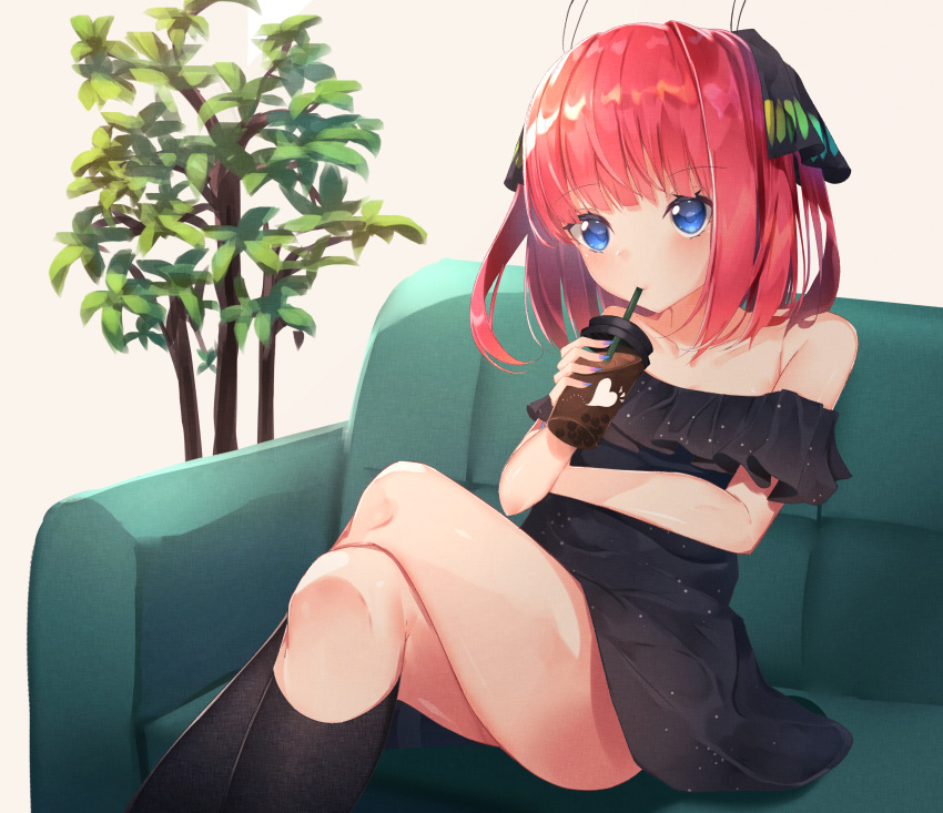 1girl absurdres bangs bare_shoulders black_dress black_legwear black_ribbon blue_eyes blunt_bangs blush breasts bubble_tea collarbone commentary_request dress drinking drinking_straw eyebrows_visible_through_hair go-toubun_no_hanayome hair_ornament hair_ribbon highres kneehighs large_breasts long_hair looking_at_viewer nakano_nino pink_hair redhead ribbon sitting solo suisen-21