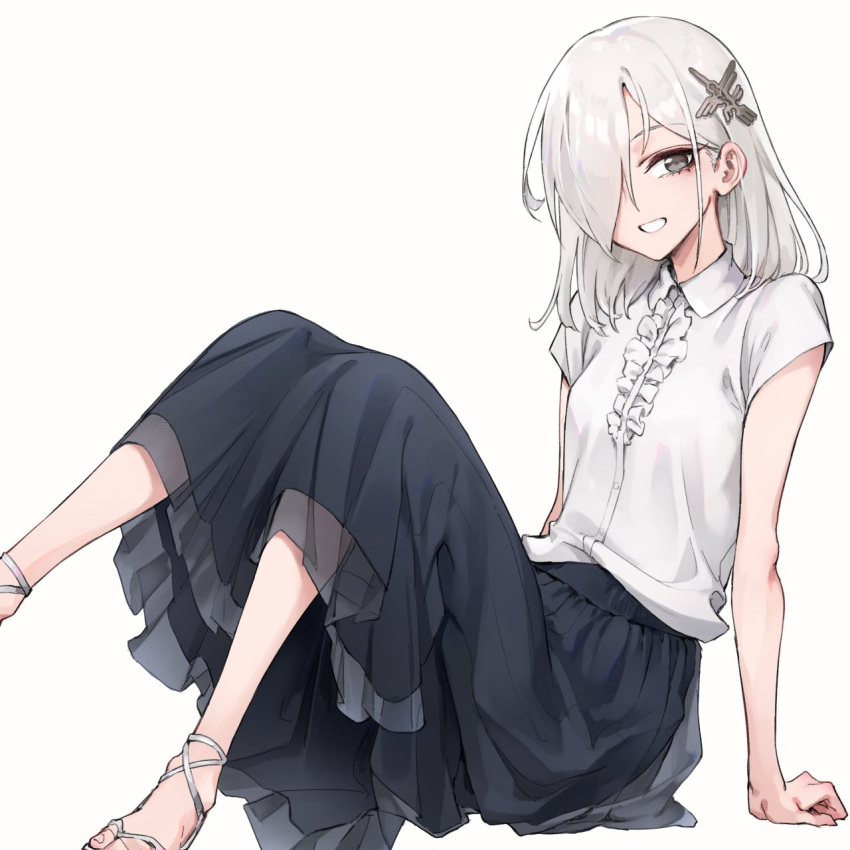 1girl arm_support bangs black_skirt collared_shirt commentary eyebrows_visible_through_hair foot_out_of_frame frilled_shirt frills grey_eyes grey_hair hair_ornament hair_over_one_eye highres leg_up looking_at_viewer medium_hair medium_skirt oopartz_yang original pleated_skirt sandals shiny shiny_hair shirt short_sleeves simple_background sitting skirt smile solo uma_(oopartz_yang) white_background white_shirt