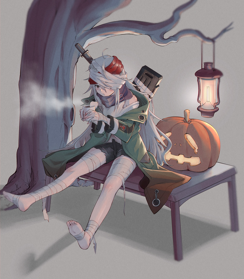 1girl assault_rifle bandaged_arm bandaged_head bandaged_leg bandages bare_tree commentary_request cup g11_(girls_frontline) girls_frontline green_jacket grey_hair gun h&amp;k_g11 halloween highres holding holding_cup jack-o'-lantern jacket knife long_hair no_hat no_headwear pumpkin red_scarf rifle scarf scarf_on_head shirt shorts soguma solo torn_clothes tree weapon white_shirt