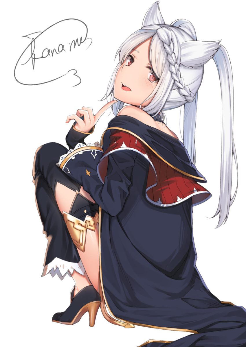1girl artist_name bare_shoulders black_jacket blush braid commentary_request fraux from_behind granblue_fantasy highres jacket kaname_(melaninusa09) long_hair long_sleeves looking_at_viewer open_mouth red_eyes simple_background solo twintails white_background white_hair