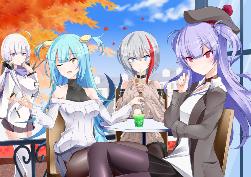 4girls ;d admiral_graf_spee_(azur_lane) ahoge ajax_(azur_lane) aran_sweater autumn_leaves azur_lane bangs bare_shoulders beret black_choker black_headwear black_ribbon black_skirt blue_eyes blue_hair blue_skirt blue_sky blush breasts brown_eyes brown_legwear brown_skirt brown_sweater building chair choker closed_mouth clouds collarbone commentary_request covered_collarbone cup day drinking drinking_glass drinking_straw eyebrows_visible_through_hair hair_between_eyes hair_ribbon hat hebitsukai-san highres holding holding_cup illustrious_(azur_lane) long_hair long_sleeves looking_at_viewer medium_breasts mole mole_under_eye multicolored_hair multiple_girls neptune_(azur_lane) off-shoulder_sweater off_shoulder on_chair one_eye_closed open_mouth outdoors pantyhose pleated_skirt purple_hair railing redhead ribbon shell_hair_ornament silver_hair sitting skirt sky sleeves_past_wrists smile streaked_hair sweater table two_side_up very_long_hair violet_eyes white_coat white_sweater window