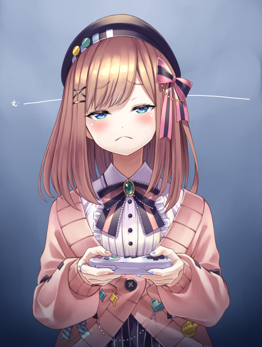 1girl bangs blue_eyes blush bow brown_hair closed_mouth eyebrows_visible_through_hair facing_viewer gat gradient gradient_background hair_bow highres holding_controller jewelry kazuki_seihou medium_hair nijisanji pink_cardigan ring shirt solo suzuhara_lulu upper_body virtual_youtuber white_shirt