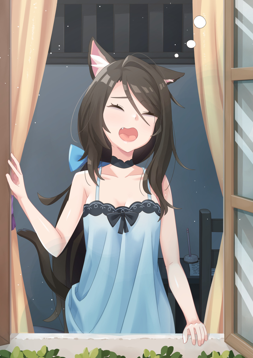 1girl absurdres animal_ear_fluff animal_ears bangs black_hair cat_ears cat_tail chair chemise choker closed_eyes collarbone curtains desk eyebrows_visible_through_hair facing_viewer fang highres long_hair nekoze_(s22834712) open_mouth open_window original ponytail solo swept_bangs tail tail_lift tu_ya_(nekoze) window yawning
