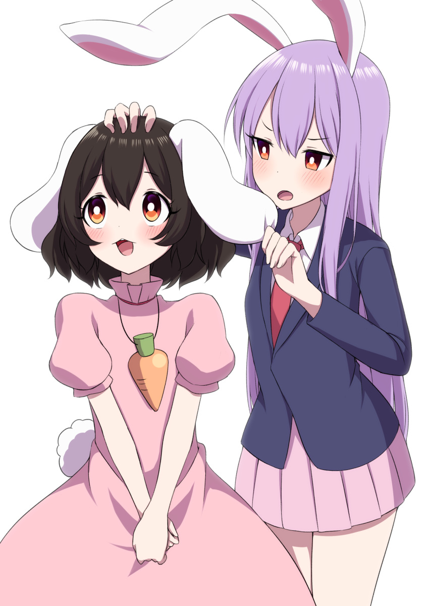 2girls :3 animal_ears annoyed black_hair blazer blush bright_pupils buck_teeth bunny_tail carrot_necklace commentary_request cowboy_shot dress dress_shirt ear_grab eyebrows_visible_through_hair hair_between_eyes hand_on_another's_head hands_together high_collar highres inaba_tewi jacket lavender_hair long_hair looking_at_another looking_away looking_up multiple_girls necktie open_mouth pink_dress pink_skirt pleated_skirt puffy_short_sleeves puffy_sleeves rabbit_ears red_eyes red_neckwear reisen_udongein_inaba shirt short_hair short_sleeves simple_background skirt tail touhou tsukimirin v_arms very_long_hair white_background white_pupils white_shirt