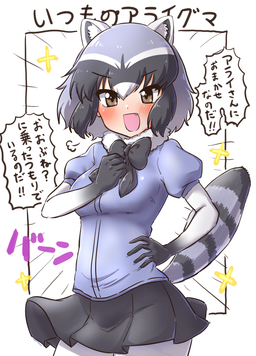 1girl :d =3 animal_ears bangs black_border black_hair black_neckwear black_skirt blue_shirt blush border bow bowtie brown_eyes commentary common_raccoon_(kemono_friends) cowboy_shot emphasis_lines eyebrows_visible_through_hair fang fur_collar gloves gradient_gloves grey_hair hand_on_hip highres kemono_friends looking_at_viewer miniskirt multicolored_hair ngetyan open_mouth outside_border pantyhose pleated_skirt puffy_short_sleeves puffy_sleeves raccoon_ears raccoon_tail shirt short_hair short_sleeves skirt smile snort solo standing tail translated two-tone_hair white_legwear
