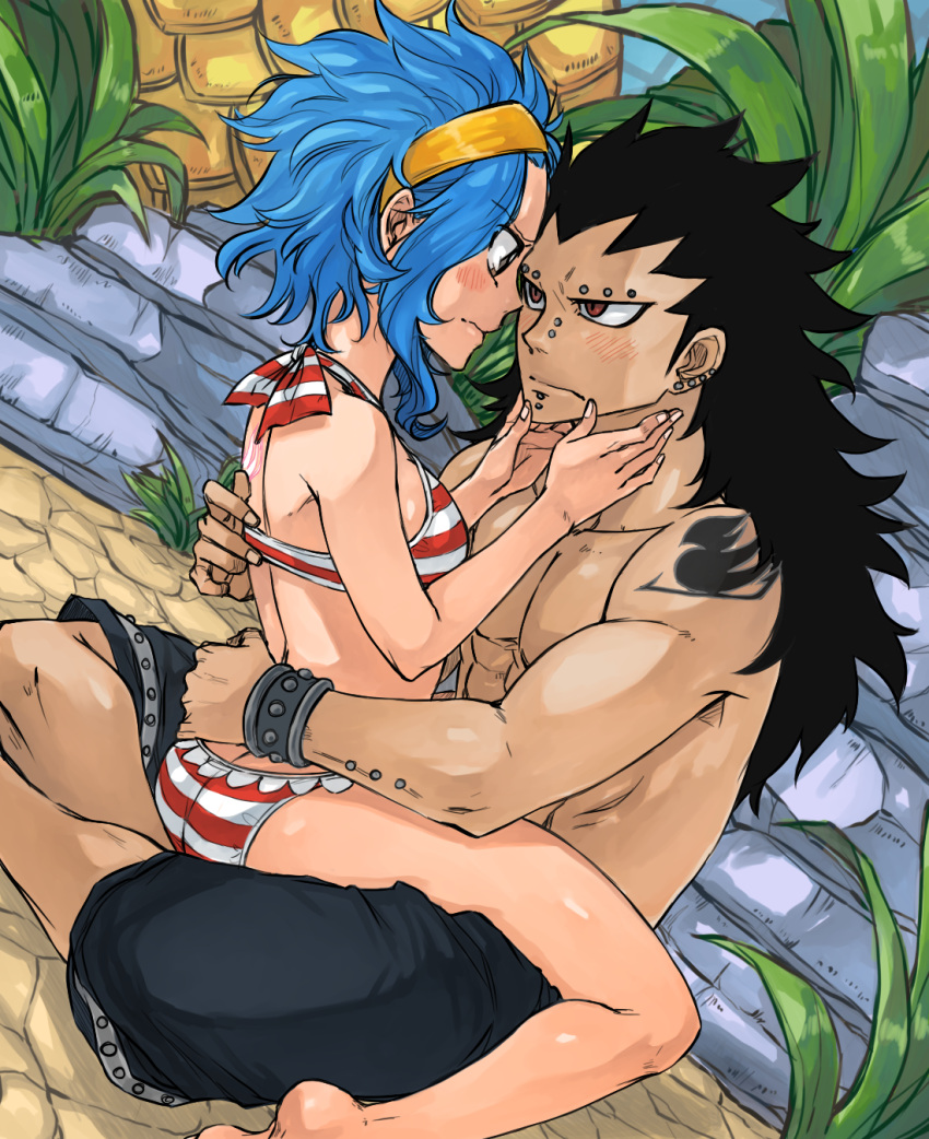 1boy 1girl arm_piercing barefoot bikini black_hair blue_hair blush bracelet brown_eyes chin_piercing closed_mouth couple ear_piercing eye_contact eyebrow_piercing fairy_tail gajeel_redfox girl_on_top hairband halterneck highres jewelry levy_mcgarden long_hair looking_at_another nose_piercing piercing red_eyes rusky shiny shiny_skin spiky_hair striped striped_bikini swimsuit very_long_hair yellow_hairband