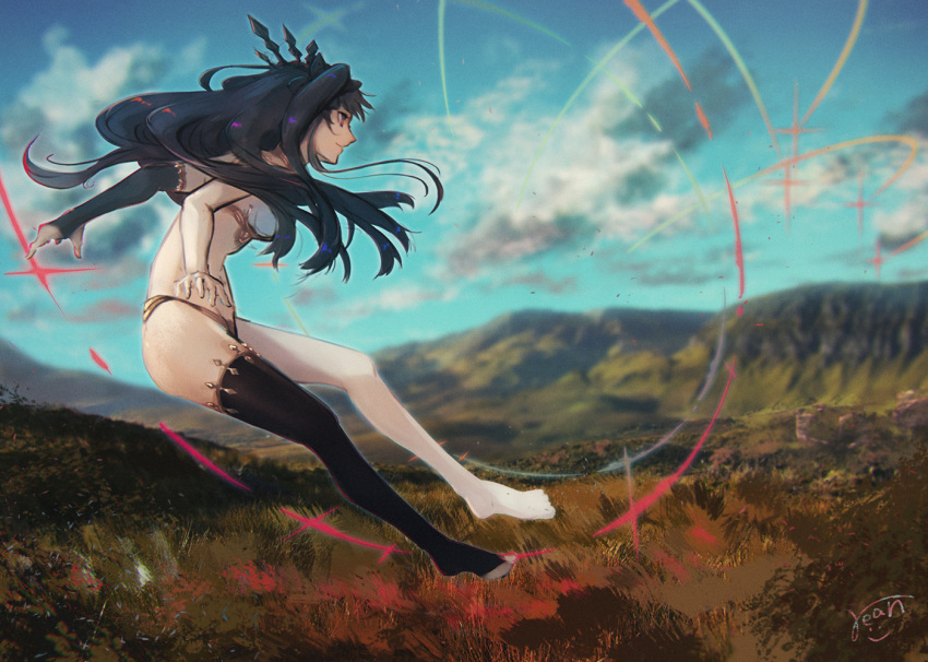 1girl black_gloves black_hair black_legwear blue_sky breasts clouds crown elbow_gloves fate/grand_order fate_(series) flying gloves grass ishtar_(fate/grand_order) long_hair midriff outdoors rean_(r_ean) red_eyes single_glove single_thighhigh sky smile solo thigh-highs two_side_up