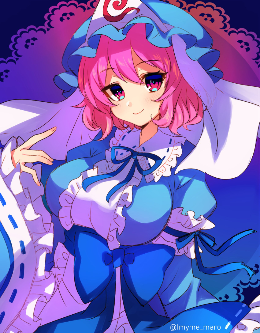 1girl arm_garter artist_name bangs blue_bow blue_dress blue_headwear blue_neckwear blue_ribbon blush bow breasts center_frills commentary_request dress eyebrows_visible_through_hair frilled_shirt_collar frilled_sleeves frills hair_between_eyes hat highres juliet_sleeves large_breasts long_sleeves looking_at_viewer marota mob_cap neck_ribbon pink_eyes pink_hair puffy_sleeves ribbon ribbon-trimmed_collar ribbon-trimmed_sleeves ribbon_trim saigyouji_yuyuko short_hair sidelocks smile solo touhou triangular_headpiece twitter_username upper_body veil waist_bow wide_sleeves