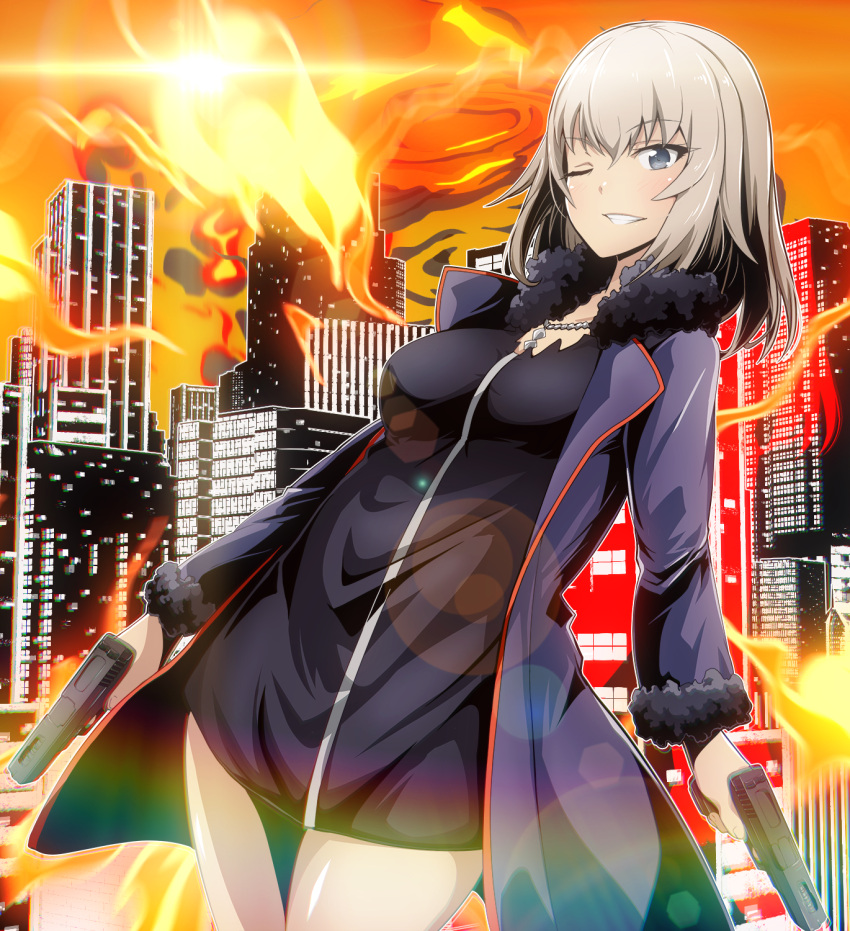 1girl black_dress blue_coat blue_eyes cityscape coat commentary cosplay day dress dual_wielding dutch_angle eyebrows_visible_through_hair fate/grand_order fate_(series) fire flame girls_und_panzer grin gun handgun highres holding holding_gun holding_weapon itsumi_erika jeanne_d'arc_(alter)_(fate) jeanne_d'arc_(alter)_(fate)_(cosplay) jeanne_d'arc_(fate)_(all) jewelry lens_flare long_sleeves looking_at_viewer medium_hair necklace one_eye_closed open_clothes open_coat orange_sky outdoors short_dress silver_hair sky smile solo standing tom_(drpow) weapon