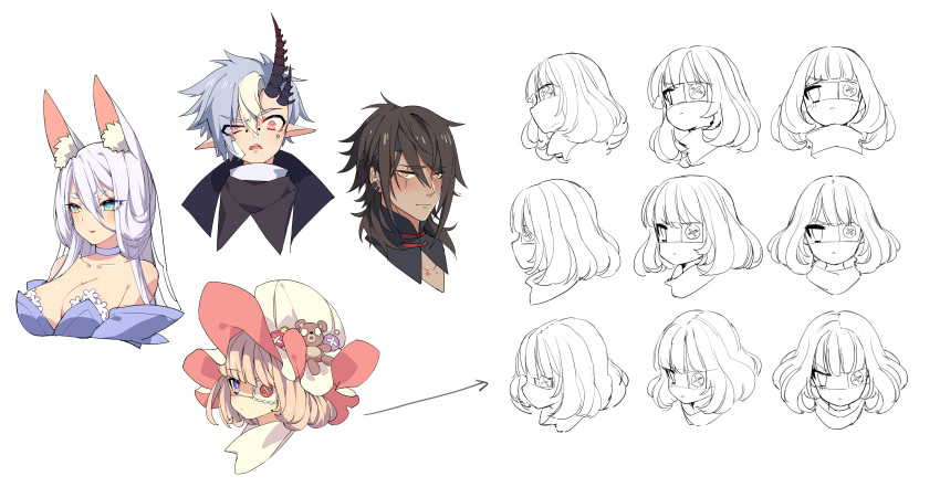 2boys 2girls absurdres animal_ears bangs bare_shoulders blonde_hair blue_eyes blue_hair blunt_bangs blush brown_eyes brown_hair choker dark_skin dark_skinned_male ear_clip eyepatch hair_between_eyes hat headshot highres horn ibex looking_at_viewer multicolored_hair multiple_boys multiple_girls multiple_views open_mouth original pointy_ears short_hair simple_background stuffed_animal stuffed_toy teddy_bear two-tone_hair white_hair white_legwear