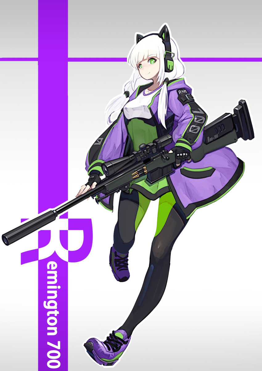 1girl absurdres bangs black_gloves black_legwear blunt_bangs bolt_action breasts closed_mouth eyebrows_visible_through_hair fingerless_gloves fps_xilou gloves green_eyes gun headphones headset highres holding holding_gun holding_weapon long_hair long_sleeves looking_at_viewer original pantyhose purple_footwear remington_model_700 rifle scope shoes simple_background smile sneakers sniper_rifle solo standing standing_on_one_leg suppressor twintails two-tone_background weapon white_hair