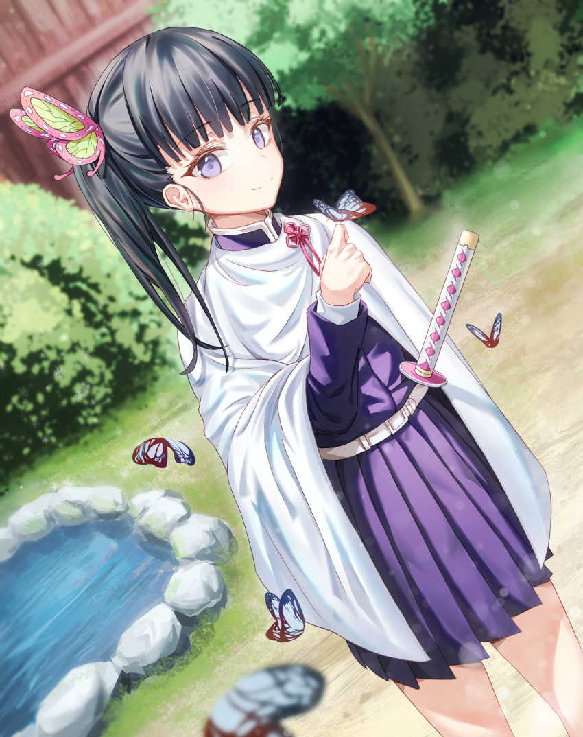 1girl absurdres bangs belt black_hair black_skirt bug butterfly butterfly_hair_ornament cape commentary_request hair_ornament highres ildy insect japanese_clothes kimetsu_no_yaiba long_hair long_sleeves looking_at_viewer outdoors side_ponytail skirt smile solo sword tsuyuri_kanao uniform violet_eyes water weapon white_cape