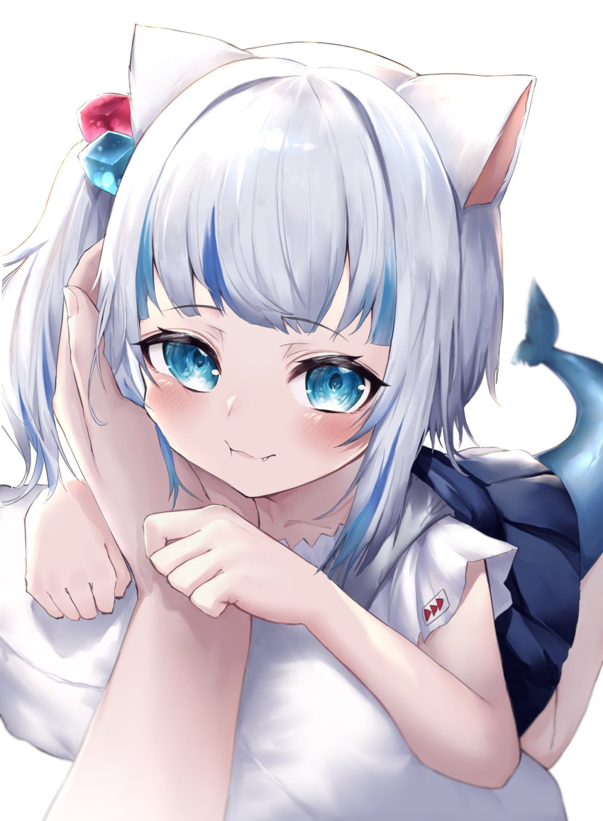 1girl :3 animal_ears blue_eyes blue_hair blush cat_ears cheek_rest fang fish_tail gawr_gura hair_cubes hair_ornament hand_on_another's_cheek hand_on_another's_face highres hinamayo hololive hololive_english looking_at_viewer multicolored_hair pov pov_hands shark_tail side_ponytail simple_background solo_focus streaked_hair tail virtual_youtuber white_background white_hair