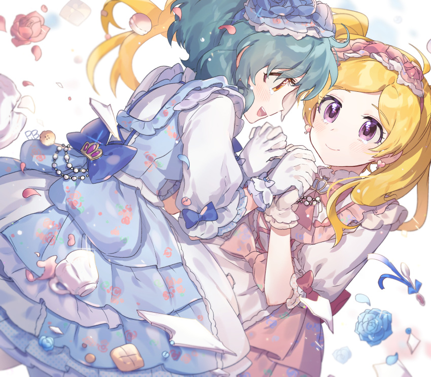 2girls bangs black_hair blonde_hair blue_bow blue_dress blue_eyes blue_flower bow character_request commentary_request dress eyebrows_visible_through_hair flower gloves hair_flower hair_ornament highres holding_hands idolmaster idolmaster_million_live! idolmaster_million_live!_theater_days long_hair multiple_girls parted_bangs pink_dress pink_flower ranobigi0820 short_hair smile twintails white_gloves