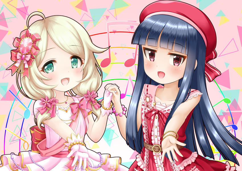 2girls :d ahoge bangs bare_shoulders bead_bracelet beads beret blue_hair blunt_bangs blush bow bracelet commentary_request dress eyebrows_visible_through_hair flower gloves green_eyes hair_flower hair_ornament hat highres holding_hands idolmaster idolmaster_cinderella_girls idolmaster_cinderella_girls_starlight_stage interlocked_fingers jewelry layered_dress light_brown_hair long_hair looking_at_viewer multiple_girls musical_note open_mouth parted_bangs pink_bow pink_dress pink_flower pink_gloves puffy_short_sleeves puffy_sleeves quarter_note red_bow red_dress red_eyes red_headwear regular_mow sajou_yukimi short_sleeves sleeveless sleeveless_dress smile very_long_hair yusa_kozue