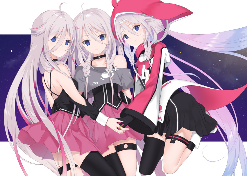 bare_shoulders black_choker black_gloves blonde_hair blue_eyes blue_hair boots braid choker commentary_request detached_sleeves from_side gloves gontyuu highres ia_(vocaloid) legs_folded long_hair looking_at_viewer multicolored_hair multiple_persona parted_lips pink_hair pink_skirt pleated_skirt single_glove single_thighhigh skirt smile spaghetti_strap streaked_hair thigh-highs thigh_strap twin_braids two-tone_hair very_long_hair vocaloid white_footwear