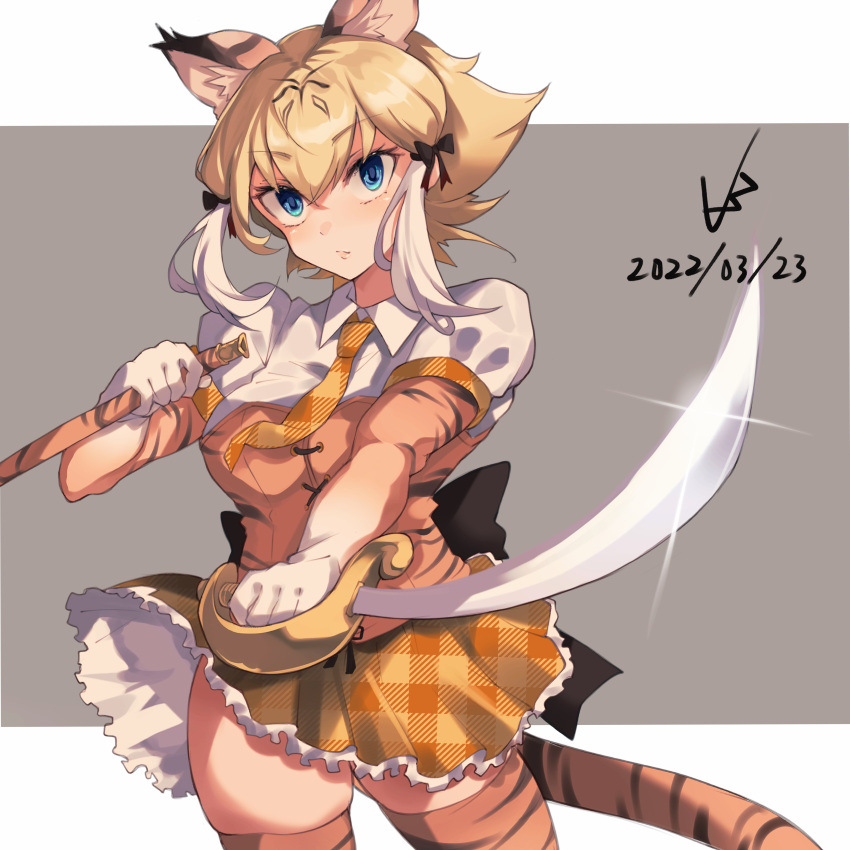 1girl absurdres animal_ears animal_print blonde_hair blue_eyes breasts closed_mouth cutlass_(sword) dated elbow_gloves expressionless eyebrows_visible_through_hair gloves highres holding holding_sword holding_weapon iparuputsua kemono_friends looking_at_viewer medium_breasts necktie orange_necktie short_hair short_sleeves signature smilodon_(kemono_friends) solo sword tail thigh-highs tiger_ears tiger_print tiger_tail weapon white_hair