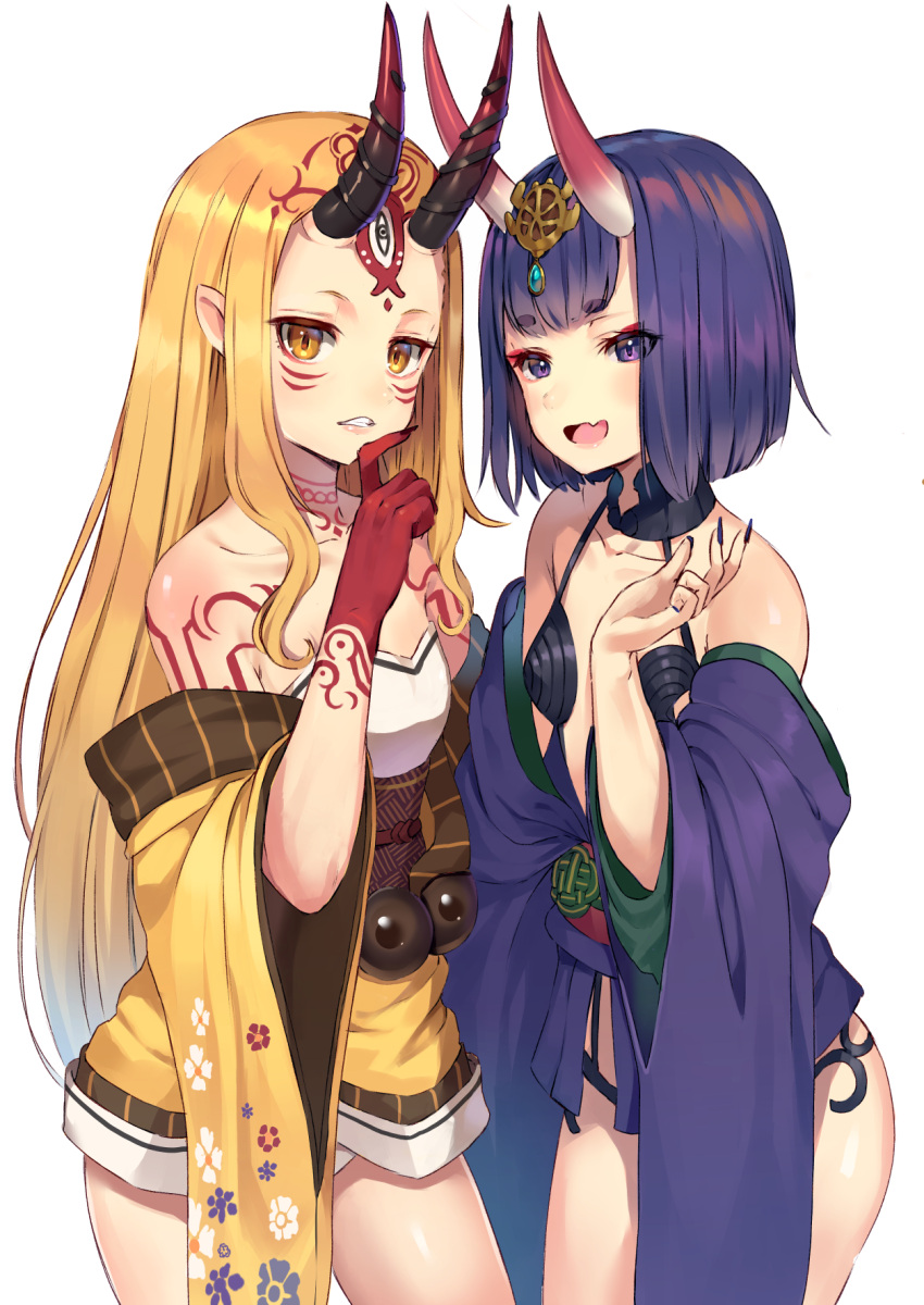 2girls :d bangs bare_shoulders blonde_hair blush breasts brown_eyes collarbone eyebrows_visible_through_hair facial_mark fang fate/grand_order fate_(series) fingernails floral_print forehead forehead_mark hand_up headpiece highres horns ibaraki_douji_(fate/grand_order) japanese_clothes kimono long_fingernails long_hair long_sleeves multiple_girls nail_polish obi off_shoulder oni oni_horns open_mouth parted_lips purple_hair purple_kimono purple_nails rangen revealing_clothes sash short_eyebrows short_hair shuten_douji_(fate/grand_order) simple_background small_breasts smile strapless thick_eyebrows very_long_hair violet_eyes white_background wide_sleeves yellow_kimono