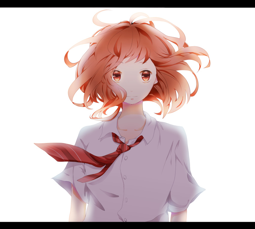 1girl ao_haru_ride arms_at_sides backlighting bangs brown_eyes brown_hair buttons closed_mouth collarbone collared_shirt dress_shirt eyebrows_visible_through_hair floating_hair highres letterboxed looking_at_viewer medium_hair necktie red_neckwear sachiko0410 shirt short_sleeves simple_background smile solo striped striped_neckwear upper_body white_background white_shirt wind yoshioka_futaba