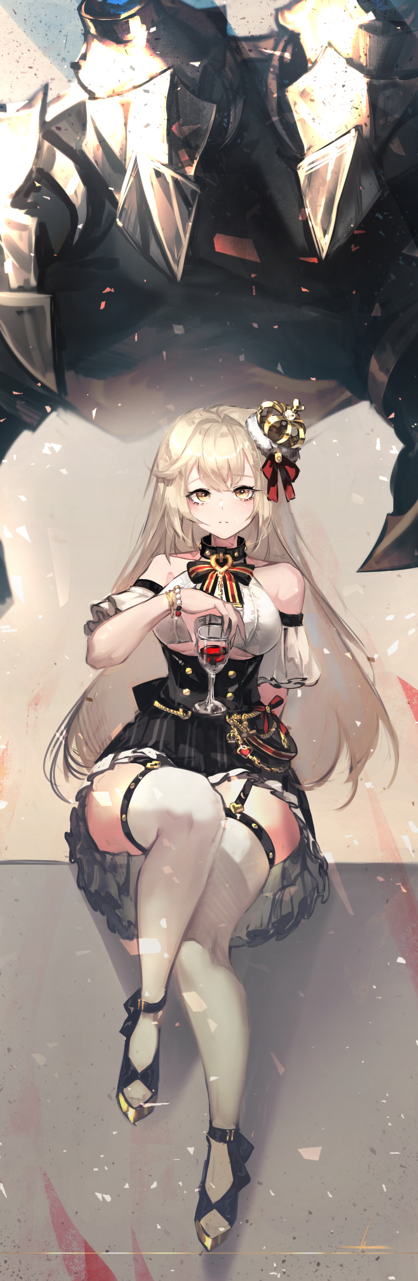 1girl absurdres bare_shoulders blonde_hair breasts closed_mouth commission crown cup drinking_glass full_body garter_straps hair_ribbon high-waist_skirt highres large_breasts libiadan long_hair looking_at_viewer mini_crown original ribbon second-party_source sitting skirt solo thigh-highs tsuron_(somi) under_boob white_legwear wine_glass yellow_eyes