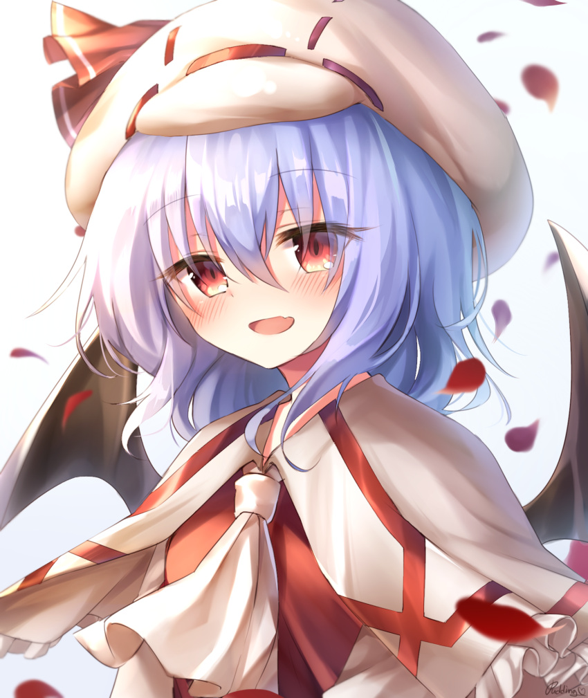 1girl :d artist_name ascot bangs bat_wings beret blue_hair blush capelet commentary_request eyebrows_visible_through_hair fang hair_between_eyes hat hat_ribbon highres looking_at_viewer open_mouth petals pudding_(skymint_028) red_eyes red_ribbon remilia_scarlet ribbon rose_petals short_hair signature simple_background skin_fang smile solo touhou upper_body white_background white_capelet white_headwear white_neckwear wings