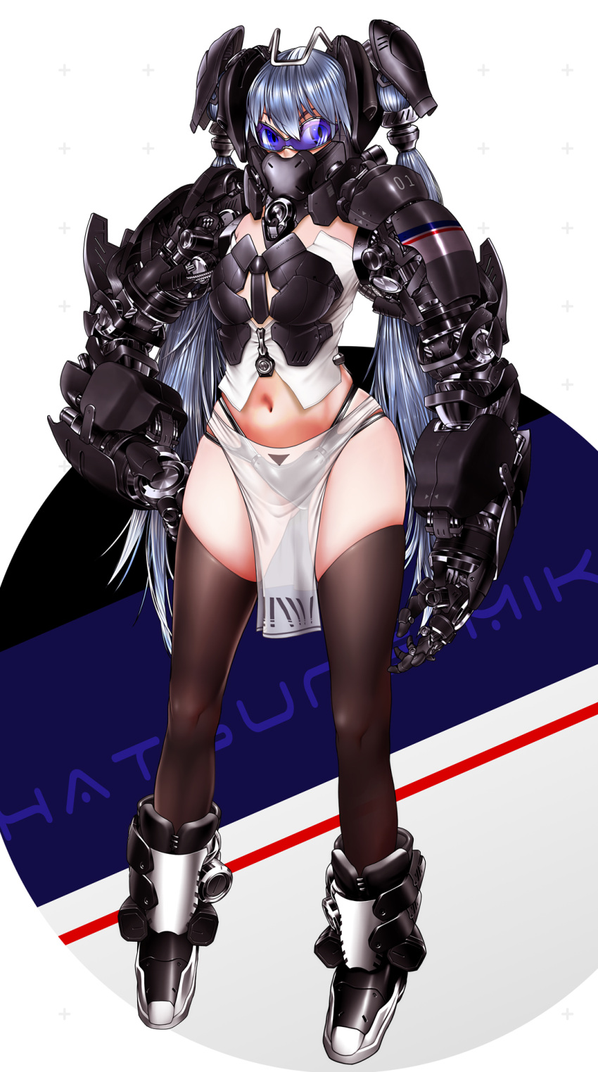 1girl armor blue_hair commentary_request covered_mouth exoskeleton full_body hand_on_hip hatsune_miku highres long_hair looking_at_viewer mecha_musume mechanical_arm metal_akira midriff navel pelvic_curtain science_fiction solo sunglasses thigh-highs twintails very_long_hair vocaloid