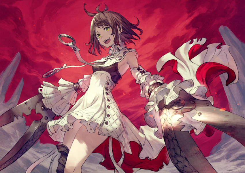 1girl ahoge armpit_crease breasts brown_hair clouds cloudy_sky dress green_eyes highres kusano_shinta mismatched_legwear mountain open_mouth original outdoors red_sky scissors short_hair sideboob sky smile solo torn_clothes upper_teeth weapon white_dress