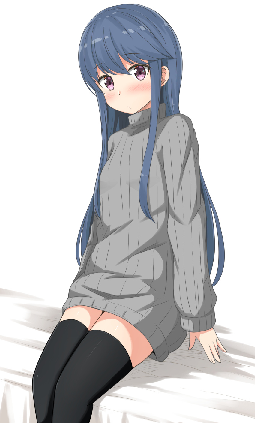 1girl absurdres aikawa_ryou bangs bed_sheet black_legwear blue_hair blush breasts closed_mouth commentary_request eyebrows_visible_through_hair grey_sweater hair_between_eyes highres long_hair long_sleeves looking_at_viewer ribbed_sweater shima_rin sitting sleeves_past_wrists small_breasts solo sweater thigh-highs very_long_hair violet_eyes white_background yurucamp