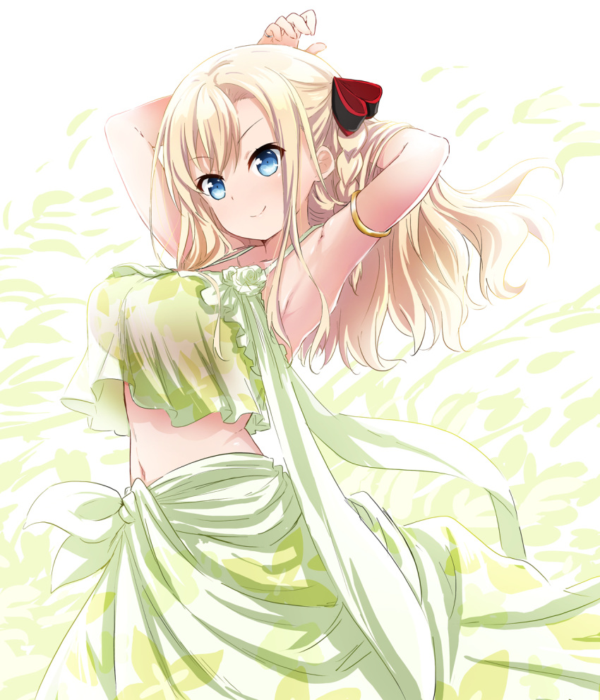 1girl abe_kanari alternate_costume armpits arms_behind_head bikini blonde_hair blue_eyes braid breasts cowboy_shot green_bikini hair_between_eyes hair_ribbon high_school_fleet highres large_breasts long_hair looking_at_viewer ribbon simple_background single_braid smile solo swimsuit white_background wilhelmina_braunschweig_ingenohl_friedeburg