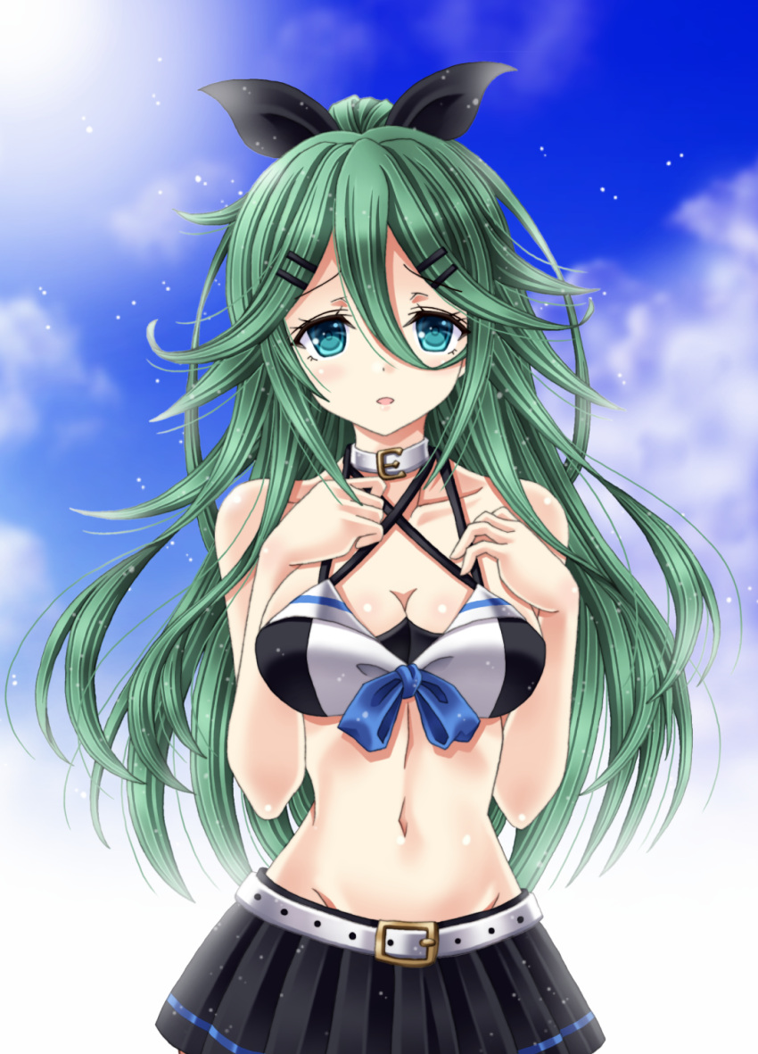 1girl amou_yuu bangs belt bikini bikini_skirt black_bow black_skirt bow bow_bikini breasts clouds cloudy_sky collar collarbone commentary_request eyebrows_visible_through_hair green_eyes green_hair hair_between_eyes hair_bow highres kantai_collection long_hair looking_at_viewer medium_breasts navel open_mouth parted_bangs portrait skirt sky solo swimsuit white_belt yamakaze_(kantai_collection)