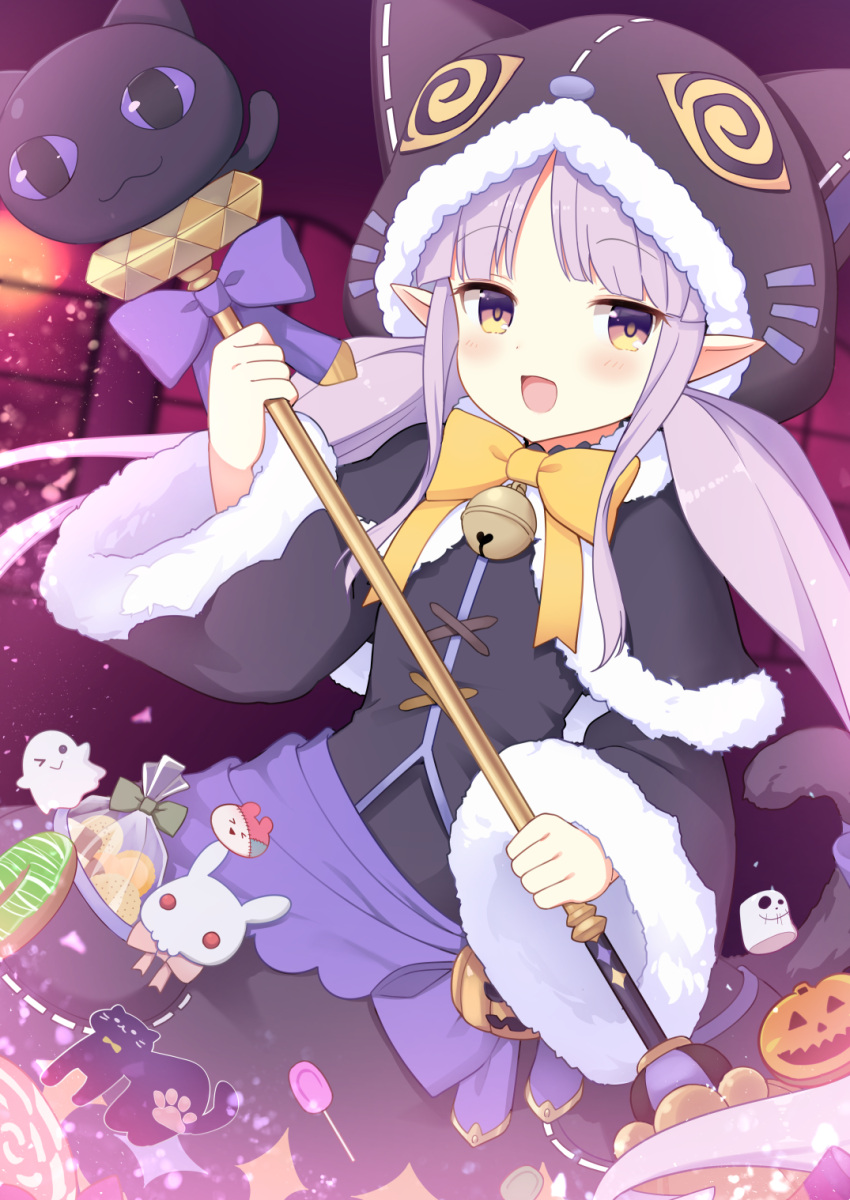 1girl :d animal_ears animal_hood bangs bell bell_(oppore_coppore) black_capelet black_jacket black_skirt blurry blurry_background blush bow brown_eyes capelet cat_ears cat_girl cat_hood cat_tail commentary_request depth_of_field eyebrows_visible_through_hair fake_animal_ears fur-trimmed_capelet fur-trimmed_hood fur-trimmed_sleeves fur_trim halloween highres hikawa_kyoka holding hood hood_up hooded_capelet jack-o'-lantern jacket jingle_bell long_hair long_sleeves looking_at_viewer open_mouth pointy_ears princess_connect! princess_connect!_re:dive purple_bow sidelocks skirt smile solo tail tail_bow tail_raised twintails very_long_hair violet_eyes wide_sleeves yellow_bow