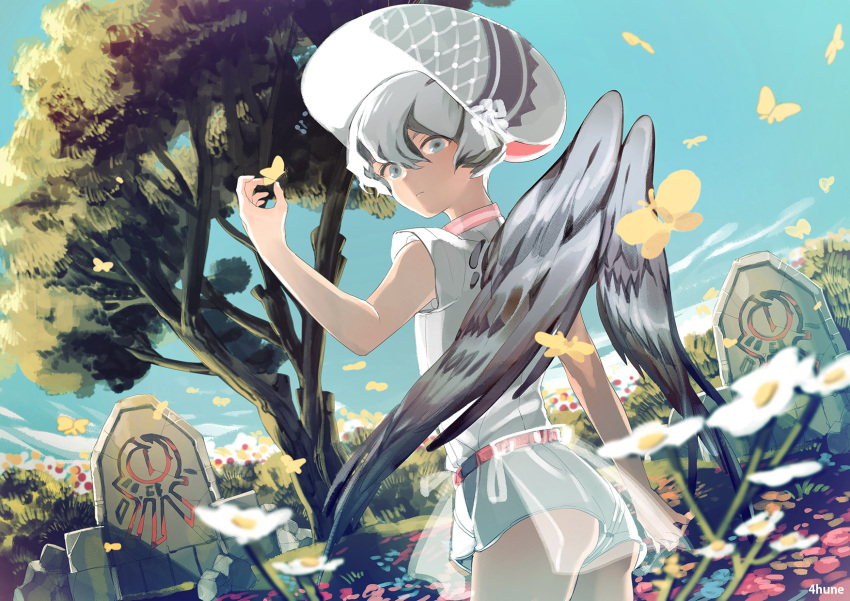 1boy 4hune artist_name ass belt black_wings bug butterfly feathered_wings flower from_behind grey_eyes grey_hair hair_between_eyes highres insect looking_at_viewer looking_back male_focus original otoko_no_ko outdoors red_belt see-through short_jumpsuit solo tombstone white_headwear white_jumpsuit wings