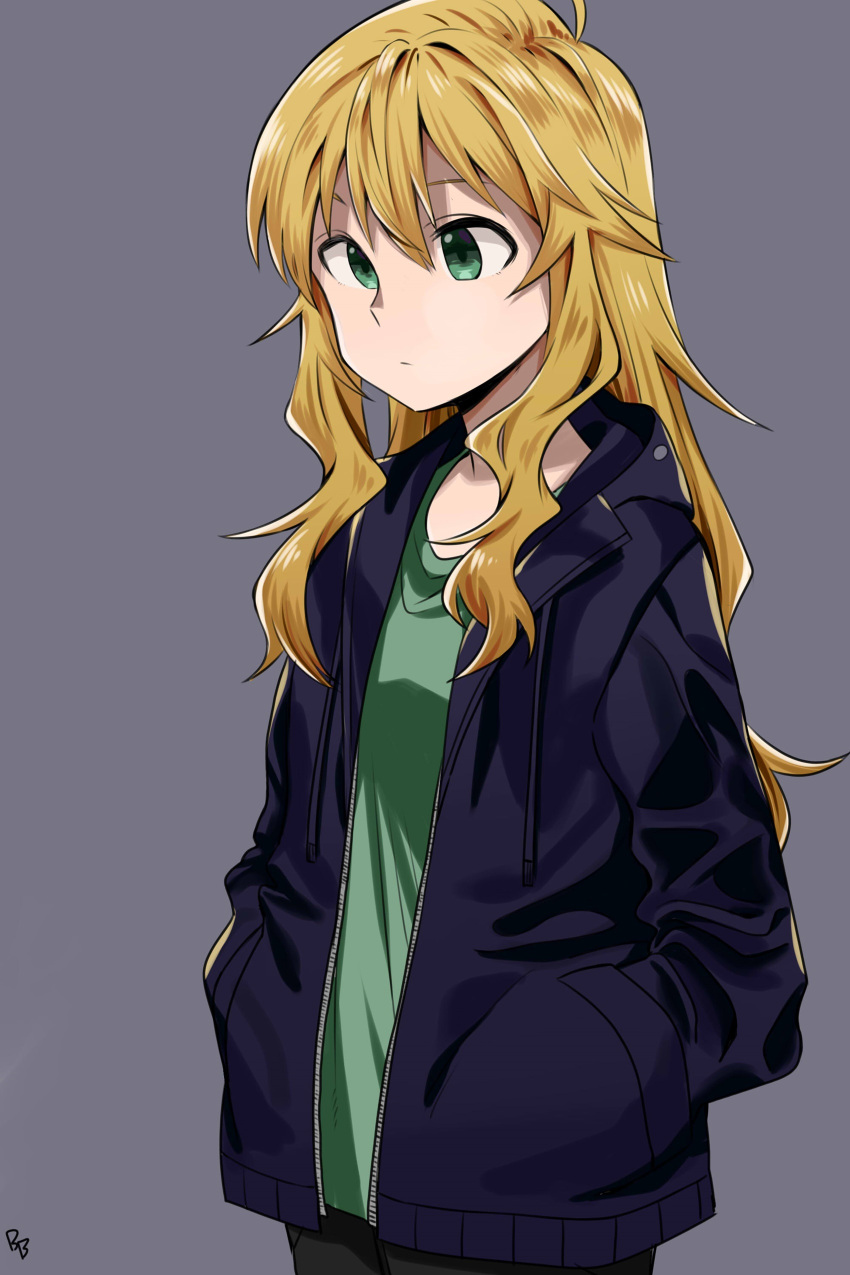 1girl absurdres ahoge billbung black_jacket blonde_hair closed_mouth commentary green_eyes green_shirt grey_background hair_between_eyes hands_in_pockets highres hoshii_miki idolmaster idolmaster_million_live! idolmaster_million_live!_theater_days jacket long_hair open_eyes shirt signature smile solo upper_body