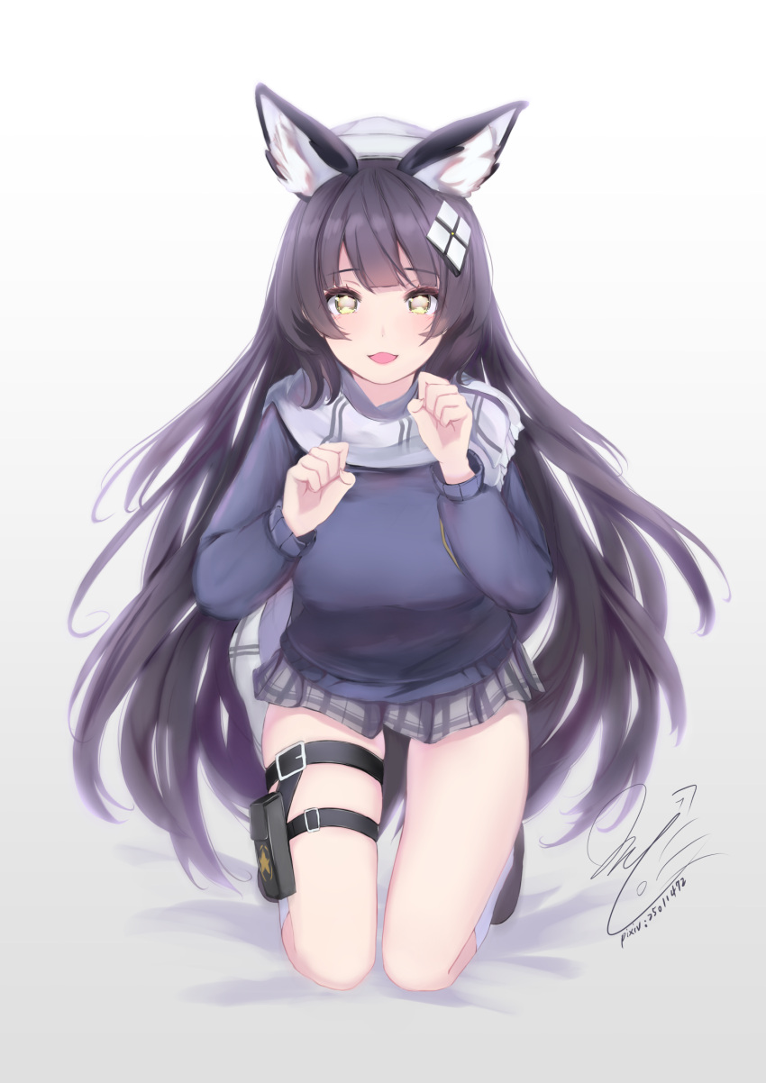 1girl animal_ear_fluff animal_ears bangs bed_sheet black_hair blue_sweater breasts brown_footwear cat_ears commentary_request eyebrows_visible_through_hair girls_frontline grey_skirt hair_ornament hat highres kneehighs kneeling long_hair long_sleeves looking_at_viewer open_mouth pixiv_id plaid plaid_skirt pleated_skirt qbz-95_(girls_frontline) scarf shoes signature skindentation skirt small_breasts solo star sweater teratsuki very_long_hair white_headwear white_legwear white_scarf yellow_eyes