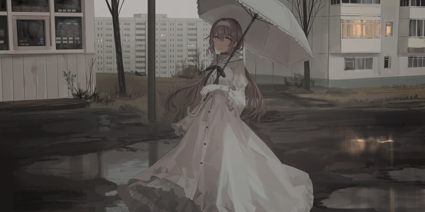 1girl bangs bare_tree black_ribbon blue_eyes breasts brown_hair building chihuri closed_mouth day dress eyebrows_visible_through_hair gloves hair_between_eyes hairband highres holding holding_umbrella juliet_sleeves long_hair long_sleeves looking_at_viewer medium_breasts neck_ribbon original outdoors puddle puffy_sleeves reflection rena_(chihuri) ribbon road smile solo tree umbrella very_long_hair water white_dress white_gloves white_hairband wide_sleeves window