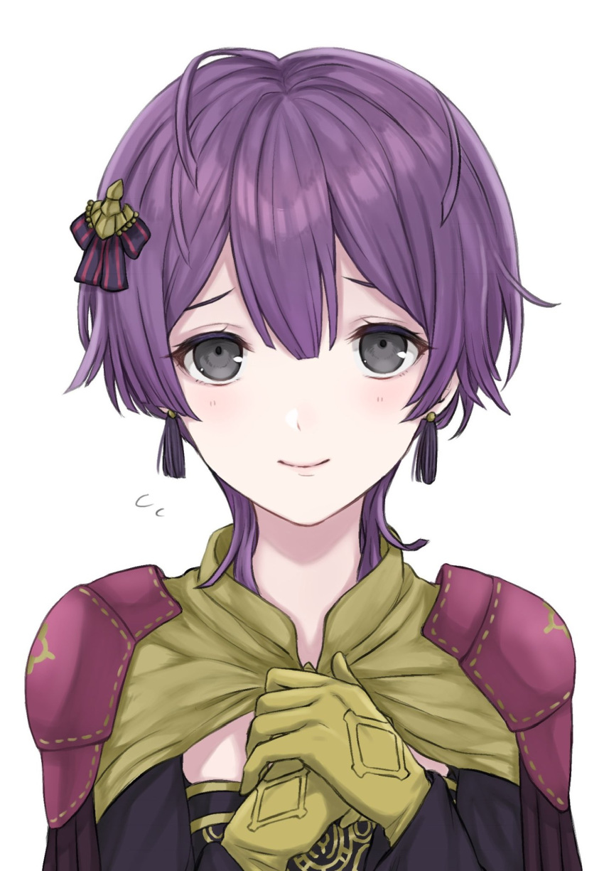 1girl akina_(akn_646) bernadetta_von_varley closed_mouth earrings fire_emblem fire_emblem:_three_houses gloves grey_eyes hair_ornament highres jewelry purple_hair simple_background smile solo upper_body white_background yellow_gloves