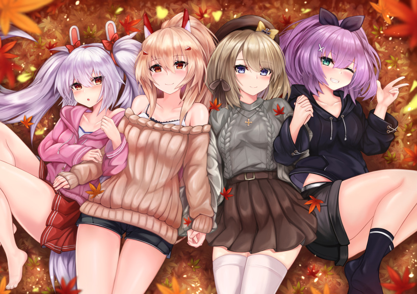 4girls absurdres alternate_costume autumn_leaves ayanami_(azur_lane) azur_lane bare_shoulders black_shorts blonde_hair blush bow brown_skirt collarbone commentary_request eyebrows_visible_through_hair green_eyes grey_eyes hair_between_eyes hair_bow hair_ribbon headgear highres holding_hands hood hoodie huge_filesize javelin_(azur_lane) laffey_(azur_lane) long_hair looking_at_viewer lying multiple_girls off-shoulder_sweater off_shoulder on_back one_eye_closed open_mouth plaid plaid_skirt ponytail purple_hair red_eyes red_skirt ribbed_sweater ribbon ryara_vivi short_hair shorts skirt smile socks spaghetti_strap sweater twintails v z23_(azur_lane)