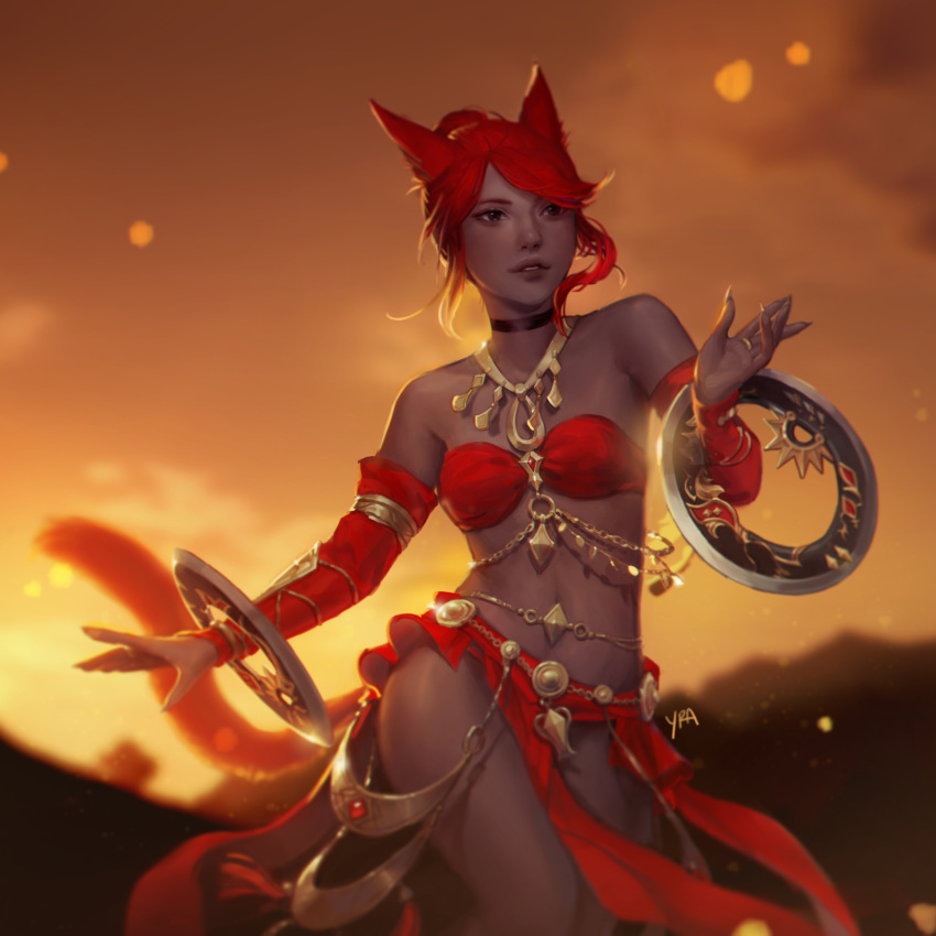 1girl absurdres animal_ears bandeau bare_shoulders blurry blurry_background bridal_gauntlets brown_eyes cat_ears cat_tail chakram choker dancer_(final_fantasy) dark_skin final_fantasy final_fantasy_xiv highres jewelry lips miqo'te parted_lips pelvic_curtain redhead short_hair signature solo tail weapon yra