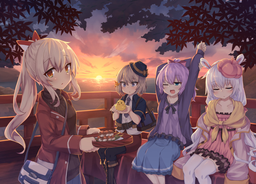4girls alternate_costume animal animal_ears arms_up ayanami_(azur_lane) azur_lane bag bangs bird black_footwear black_legwear black_sweater blue_eyes blue_skirt blush boots bow breasts brown_eyes brown_hair casual chick closed_eyes closed_mouth clouds cloudy_sky collarbone commentary_request cross-laced_footwear dress eyebrows_visible_through_hair food frilled_dress frills hair_between_eyes hair_bow hairband hat high_ponytail highres holding holding_animal holding_tray horizon jacket javelin_(azur_lane) knee_boots lace-up_boots laffey_(azur_lane) light_brown_hair long_hair looking_at_viewer manjuu_(azur_lane) mini_hat multiple_girls ocean off_shoulder one_eye_closed open_clothes open_jacket open_mouth outdoors pantyhose pink_bow pink_dress pink_headwear pink_jacket pleated_skirt ponytail purple_hair purple_jacket purple_shirt rabbit_ears railing red_hairband red_jacket red_skirt ribbed_sweater shinopoko shirt shoulder_bag silver_hair sitting skirt sky small_breasts standing stretch sun sunset sweater thigh-highs tilted_headwear tray very_long_hair water wavy_mouth white_legwear z23_(azur_lane)